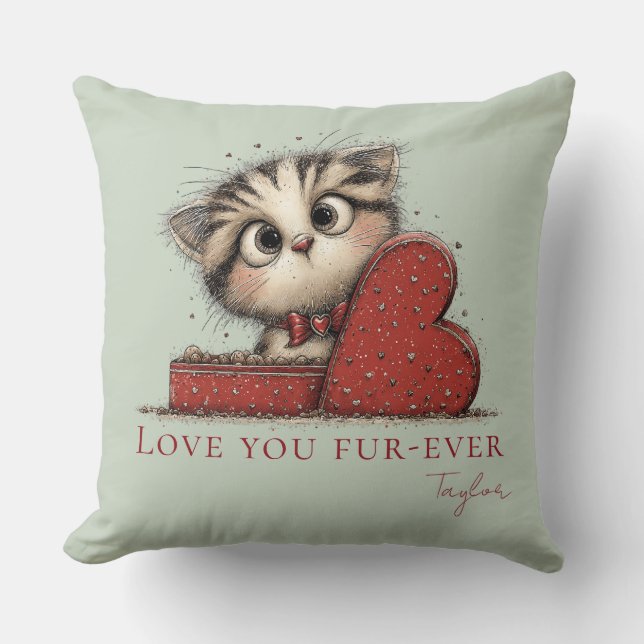 Love You Fur-Ever Cute Cat Sage Green Throw Pillow (Front)