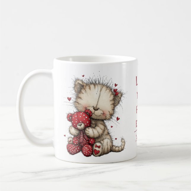“Love You Fur-Ever” Cute Cat & Teddy Valentine Mug (Left)
