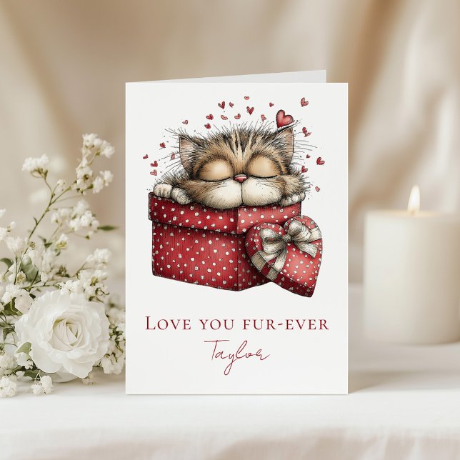 Love You Fur-Ever Cute Cat Valentine Folded Card (Love You Fur-Ever Cute Cat Valentine Folded Card on a table with white flowers)