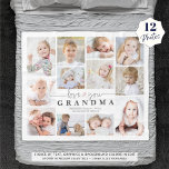 Love You Grandma 12 Photo Collage Heart White Grey Fleece Blanket<br><div class="desc">Have Grandma cozy up with photos of her grandchild or grandkids with this photo memory blanket featuring 12 pictures in various shapes and sizes and titled LOVE YOU GRANDMA in a modern handwritten script typography accented with a heart in your choice of text, graphics and background colours (shown with grey...</div>