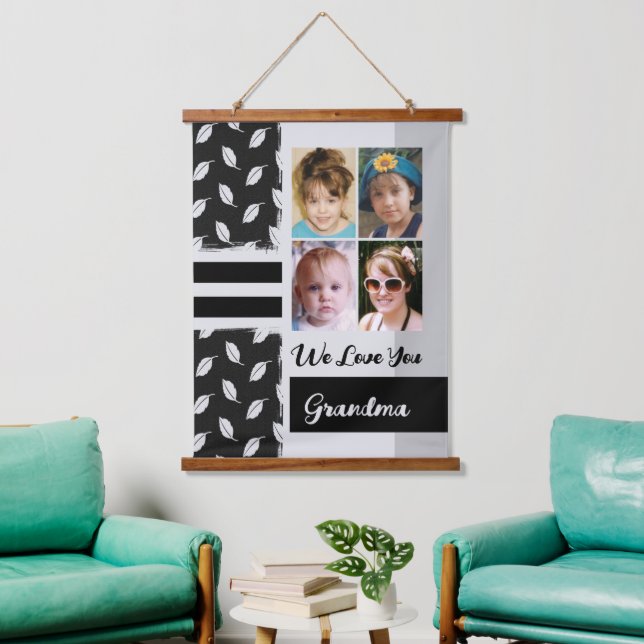 Love you Grandma 4 photo leaf pattern black Hanging Tapestry (Living Room)