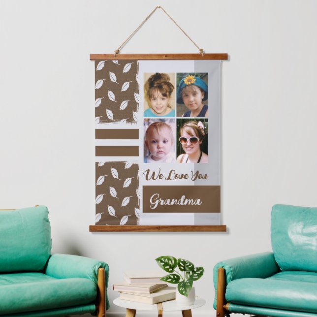 Love you Grandma 4 photo leaf pattern brown Hanging Tapestry (Living Room)