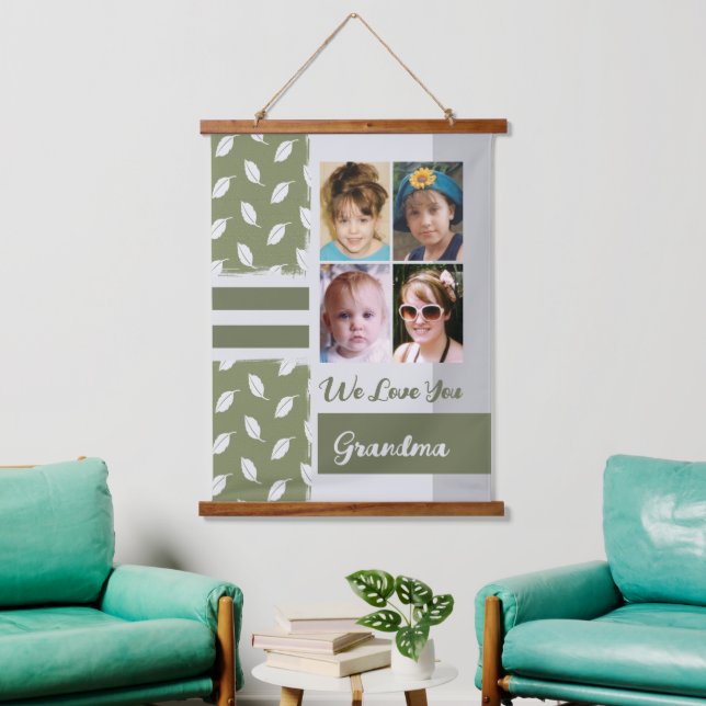 Love you Grandma 4 photo leaf pattern green Hanging Tapestry (Living Room)