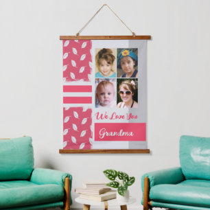 Love you Grandma 4 photo leaf pattern pink Hanging Tapestry