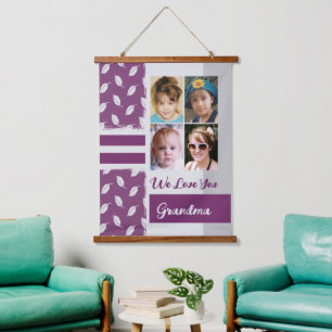 Love you Grandma 4 photo leaf pattern purple Hanging Tapestry