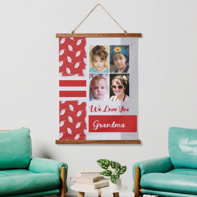 Love you Grandma 4 photo leaf pattern red Hanging Tapestry (Living Room)