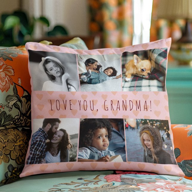 Love you grandma 6 photo collage retro pattern throw pillow (Creator Uploaded)