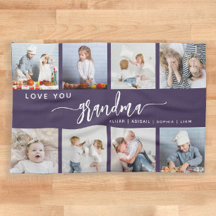 Love You Grandma 8 Photo Collage Purple Kitchen Towel