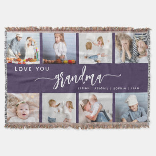 Love You Grandma 8 Photo Collage Purple Throw Blanket
