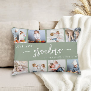 Love You Grandma 8 Photo Collage Sage Green Accent Pillow