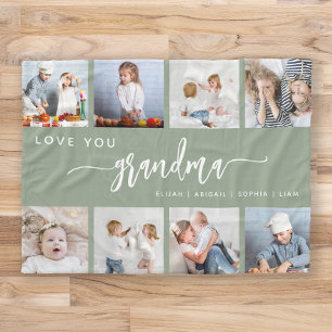 Love You Grandma 8 Photo Collage Sage Green Fleece Blanket