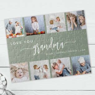 Love You Grandma 8 Photo Collage Sage Green Jigsaw Puzzle