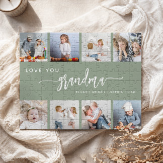 Love You Grandma 8 Photo Collage Sage Green Jigsaw Puzzle