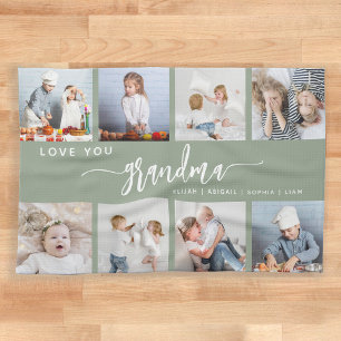 Love You Grandma 8 Photo Collage Sage Green Kitchen Towel