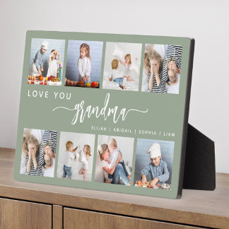 Love You Grandma 8 Photo Collage Sage Green Plaque