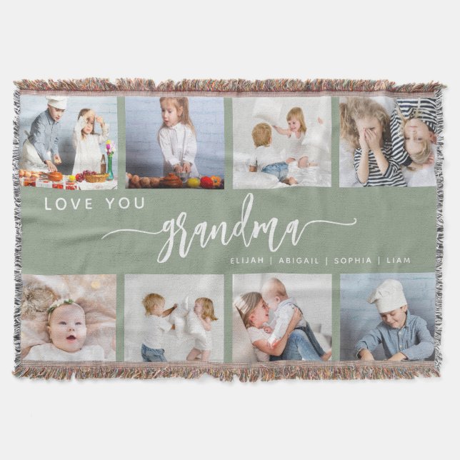 Love You Grandma 8 Photo Collage Sage Green Throw Blanket (Front)