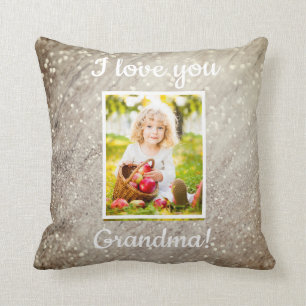 Love You Grandma Child's Photo Glitter Marble Throw Pillow