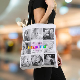 Love You Grandma Colourful Modern 8 Photo Collage Tote Bag