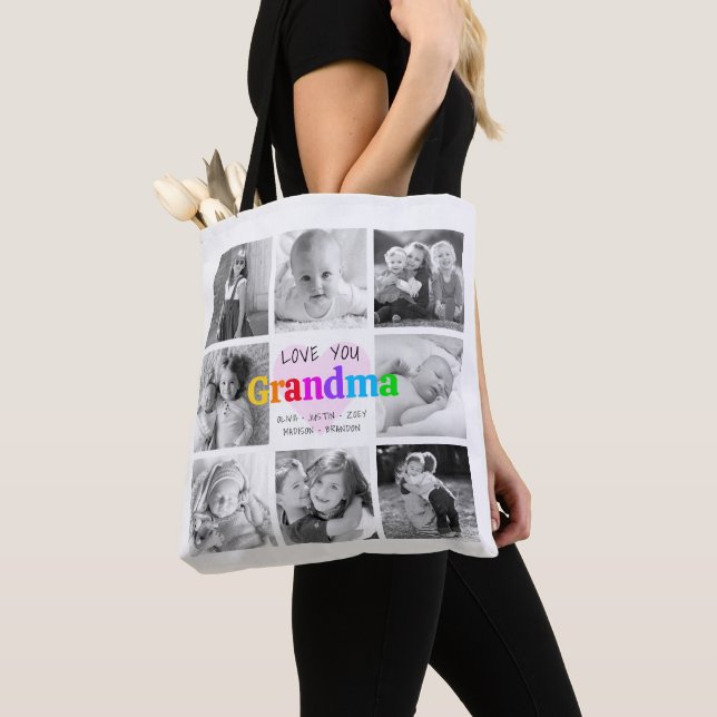 Love You Grandma Colourful Modern 8 Photo Collage Tote Bag (Close Up)