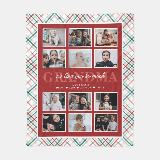 Love You Grandma Custom Text 12-Photo Tartan Fleece Blanket (Front)
