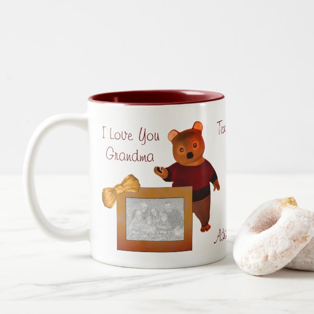 Love You Grandma Cute Bear Personalized Photo   Two-Tone Coffee Mug (With Donut)