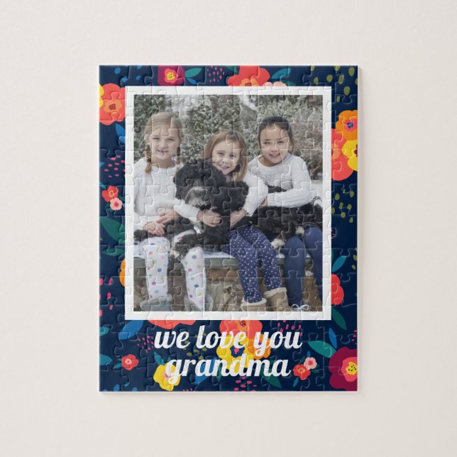 Love You Grandma Floral Photo Personalized Jigsaw Puzzle (Vertical)