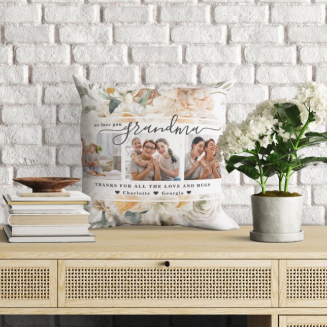 Love You Grandma | Floral Three Photo Collage  Throw Pillow (Creator Uploaded)