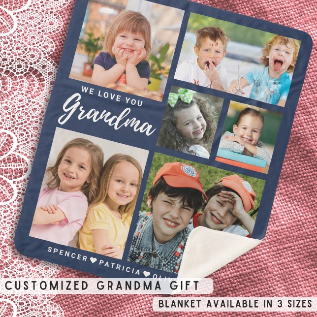 Love You Grandma Grandkids 6 Photo Collage Blue Sherpa Blanket (Love You Grandma Grandkids 6 Photo Collage Blue Sherpa Blanket-Grandma Gift idea)
