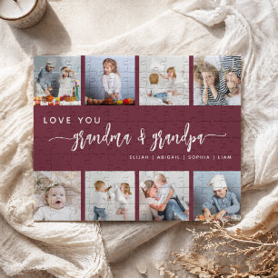 Love You Grandma & Grandpa 8 Photo Burgundy Red Jigsaw Puzzle