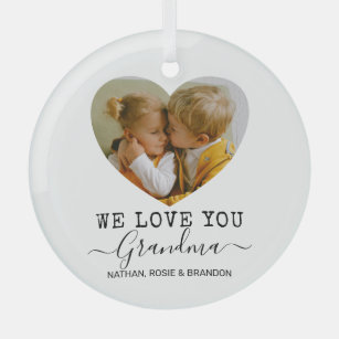Love You Grandma Heart Photo Glass Ornament