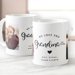 Love you GRANDMA Hearts Custom Two Photo Coffee Mug<br><div class="desc">Simple and sweet two photo coffee mug for Grandma: The hand lettered script reads WE LOVE YOU GRANDMA with pretty hearts flourishes over your names. Personalize with your two favourite photos and make this a modern,  trendy keepsake gift for a beloved grandmother.</div>