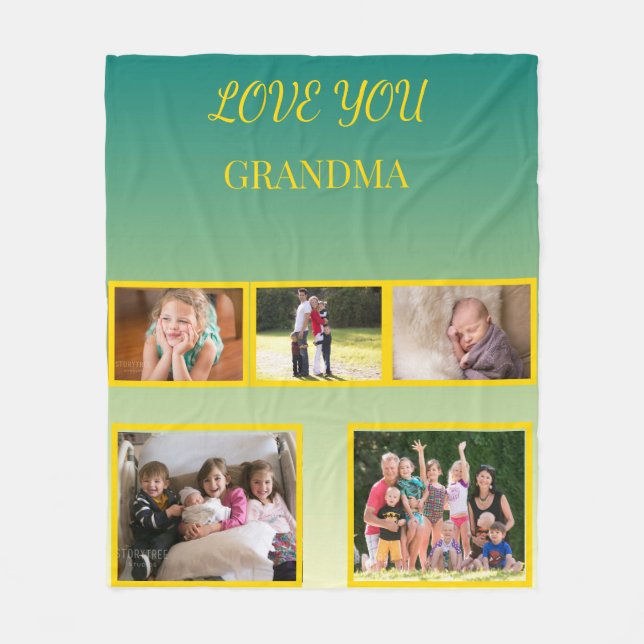 Love You Grandma Photo Collage and Gold Script Fleece Blanket (Front)