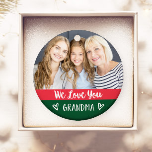 Love You Grandma Red Green Colour Block Two Phot Ornament