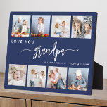 Love You Grandpa 8 Photo Collage Navy Blue Plaque<br><div class="desc">Give Grandpa a gift he'll cherish. This photo collage plaque features eight of his favourite square photos of the grandkids, along with the message "Love You Grandpa." The word "grandpa" appears in elegant white handwriting script with flourishes at the beginning and end on a navy blue background. Add the names...</div>