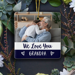 Love You Grandpa Navy Blue Color Block Two Photo Ceramic Ornament