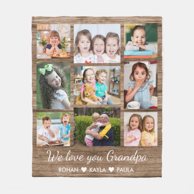 Love You Grandpa  Rustic Wood 9 Photo Collage   Fleece Blanket (Front)