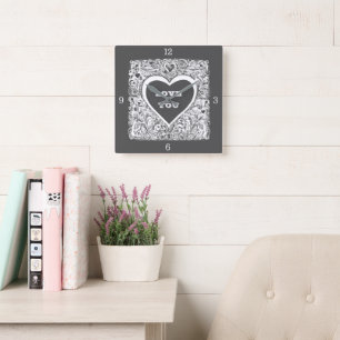 Love You Grey And White Square Wall Clock