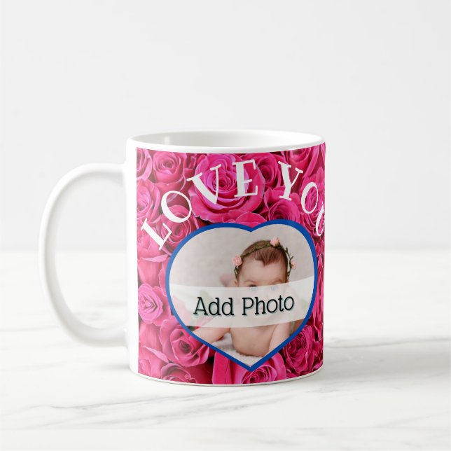 Love You Heart Photo Pink Roses Modern Script Cute Coffee Mug (Left)