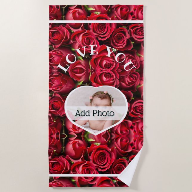 Love You Heart Photo Red Roses Modern Script Cute Beach Towel (Front)