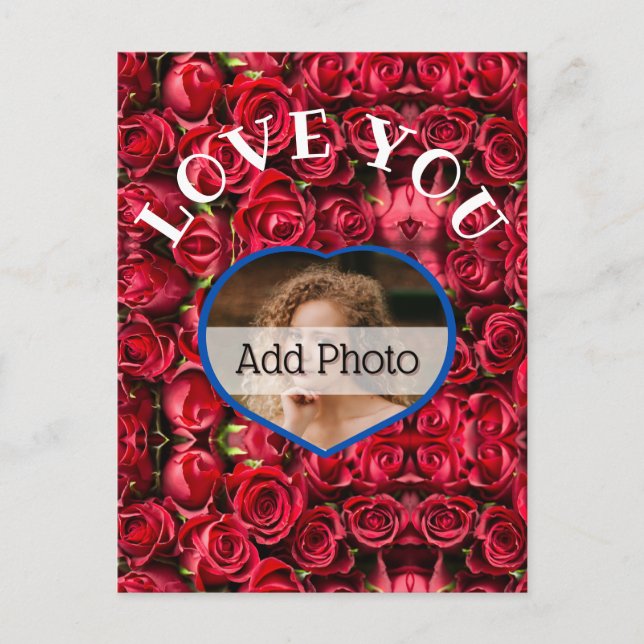 Love You Heart Photo Red Roses Modern Script Cute Postcard (Front)