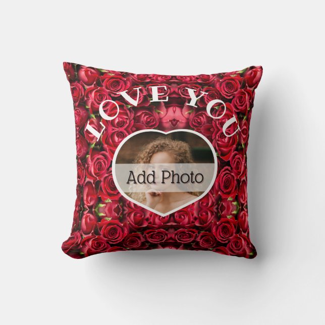 Love You Heart Photo Red Roses Modern Script Cute Throw Pillow (Front)