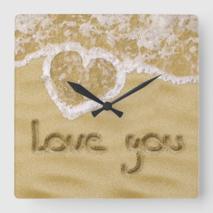"Love you" Heart written in Sand Square Wall Clock