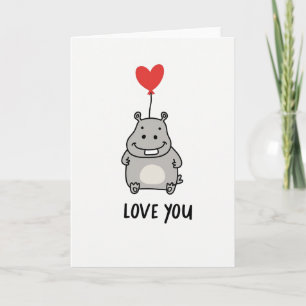 Love You Hippo Heart Balloon Card