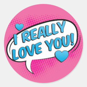 Love You Hot Pink And Blue Turquoise Hearts Classic Round Sticker