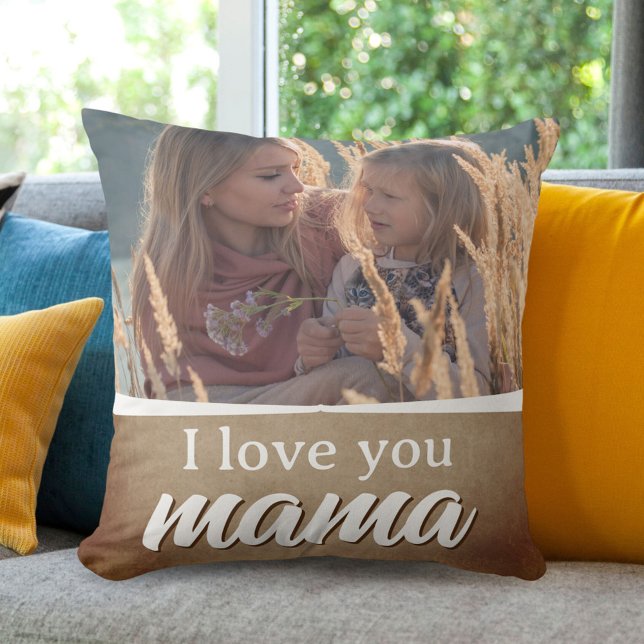 Love you Mama Script Rustic Mother Family Photo Throw Pillow (Creator Uploaded)
