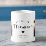 Love you Meemaw Hearts Custom Two Photo Coffee Mug<br><div class="desc">Simple and sweet two photo coffee mug for Grandma: The hand lettered script reads WE LOVE YOU MEEMAW with pretty hearts flourishes over your names. Personalize with your two favourite photos and make this a modern,  trendy keepsake gift for a beloved grandmother.</div>