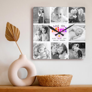 Love You Mimi 8 Photo Collage Bold Modern Graphic Square Wall Clock