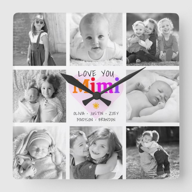 Love You Mimi 8 Photo Collage Bold Modern Graphic Square Wall Clock (Front)