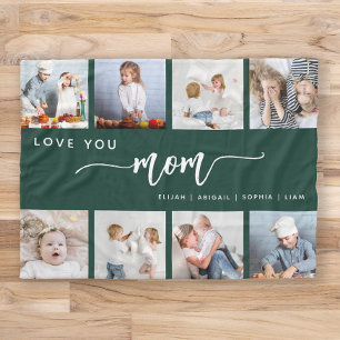 Love You Mom 8 Photo Collage Emerald Green Fleece Blanket