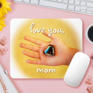 Love You Mom Child Hand Holding Blue Heart Photo Mouse Pad